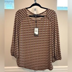 Adrianna Papell Checkered Blouse Brown White 3/4 Sleeve Size M NWT